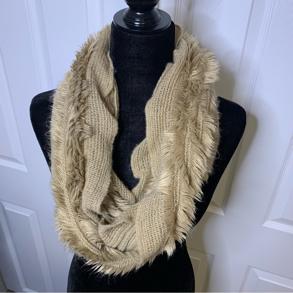 Elegant Tan Knit Fur Infinity Scarf - Picture 2 of 4